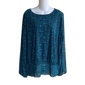 NWT Woman's Plus 3X Morgan Taylor Blouse Top Teal Ditsy Print Long Sleeve Lined